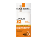 Onzichtbare zonnebrandcrème Anthelios XL SPF30 van La Roche Posay, glad en lichtgeel vloeistof in verpakking.