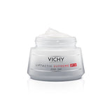 Vichy Liftactiv Supreme UV SPF30 gezichtscrème in een pot, met witte en blauwe verpakking en een glanzende afwerking