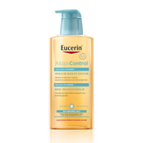 Eucerin AtopiControl bad- en doucheolie, verzachtende olie voor de huid, zichtbaar in de fles met label.