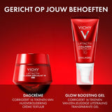 Vichy Liftactiv Collagen Specialist 16 Glow Boosting Gel in een glazen pot, zichtbaar op een witte achtergrond.