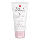 Hydraderm Dag Fluid UV 15 zonder parfum van Louis Widmer, licht en hydraterend met SPF 15, in een witte fles.