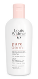 Licht geparfumeerde reinigingsmelk van Purederm door Louis Widmer, in een fles met wit en groen ontwerp.