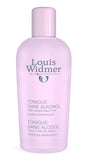 Purederm alcoholvrije tonic van Louis Widmer, licht geparfumeerd, in een heldere fles met witte dop.